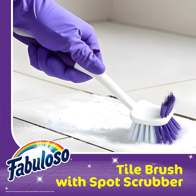 Fabuloso Long Tile Brush with Spot Scrubber, White and Purple, 11 Inch