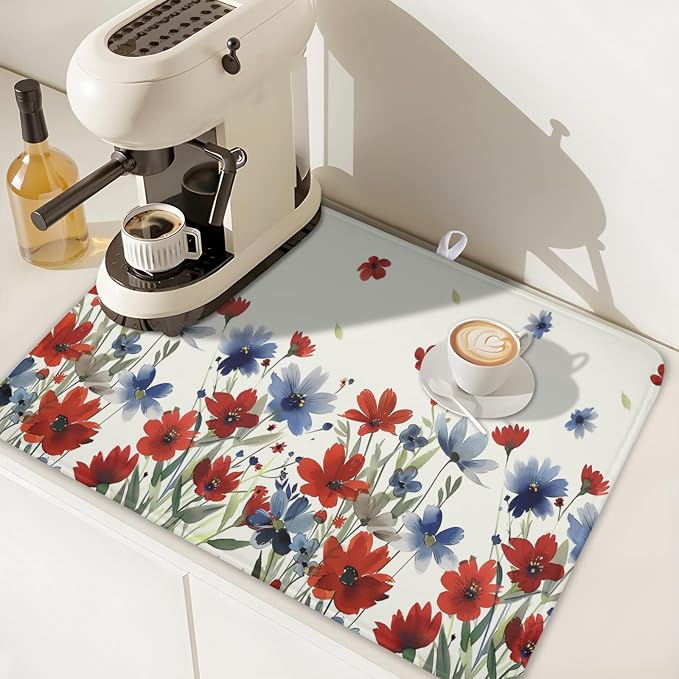 4th of July Floral Dish Drying Mat for Kitchen Counter 18 x 24 Inch Patriotic Dish Drainer Mat Absorbent Microfiber Independece Day Dish Rack Pad for Coffee Dining Bar Decor