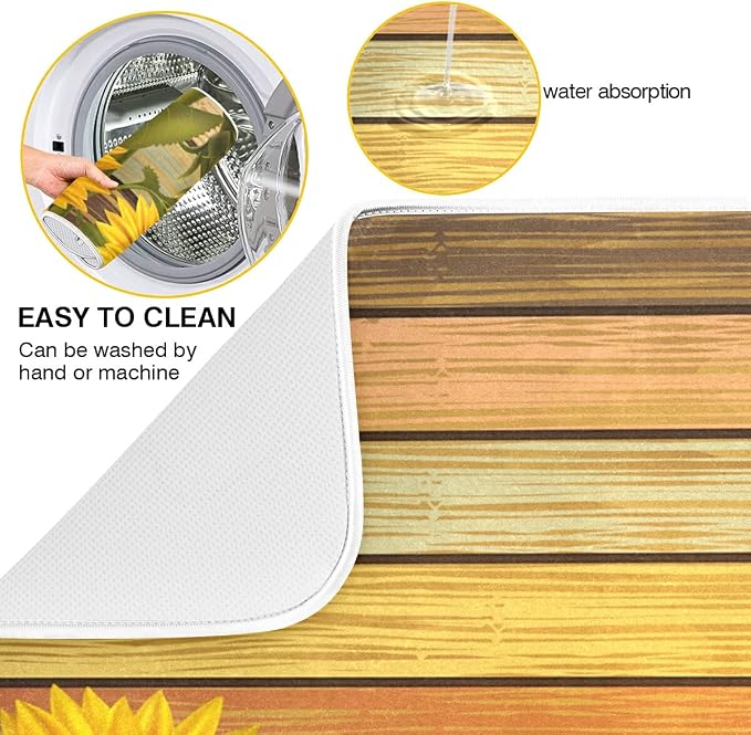 Super Absorbent Dish Drying Mat, Microfiber Fast-Drying Dish Mat, 24" x 18", Kitchen Dish Drying Pad, Sunflower On Wooden Board Vintage