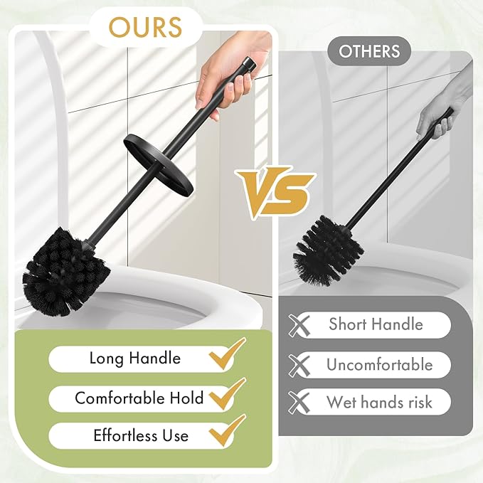 Toilet Bowl Brush and Holder Set 2 Pack with 4 Extra Brush Heads | Extra Long Handle with Splash Guard Cover, Tool-Free Installation, Bathroom Space-Saving, Cleaner Sets for Apartments, RV (Black)