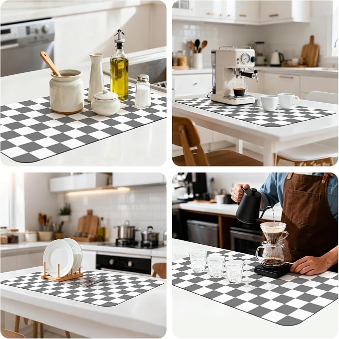 17" x 32" Checkered Dish Drying Mat for Kitchen Counter, Absorbent Coffee Bar Mat for Espresso Machine Coffee Countertops Accessories, Grey