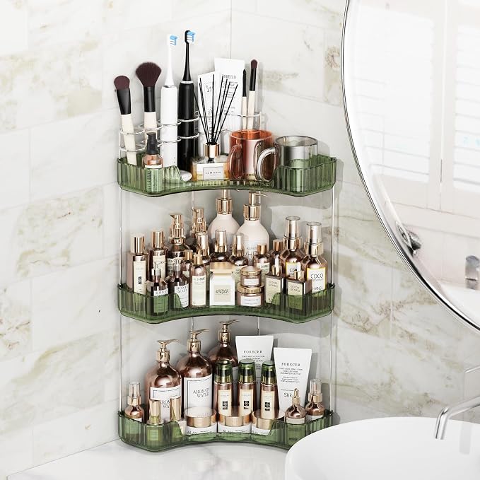 Asayuee 3-Tier Corner Bathroom Counter Organizer with Top Toothbrush Holders,Large Makeup Organizer Countertop with Brush Holder,Skincare Organizers Corner,Exquisite Vanity Organizer (Green, 3 Tier)