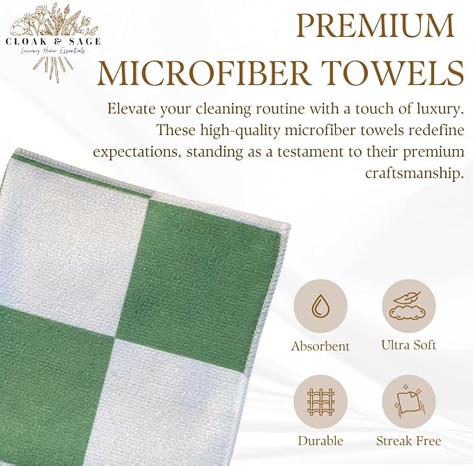 Microfiber Cleaning Cloths 13x13 – Lint-Free, Streak-Free Reusable Towels for Kitchen, Glass, Bathroom & Car | Cloak & Sage