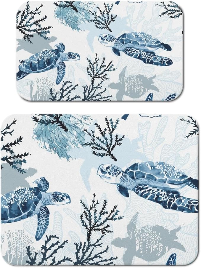 Dish Drying Mat 2-Pack in Sea Turtle Ocean for Kitchen Counter Dishes Mat | Diatom Mud Mats (18x24, 19.5x12"). Non-slip rubber back for kitchen counter, coffee bar & sink scenes