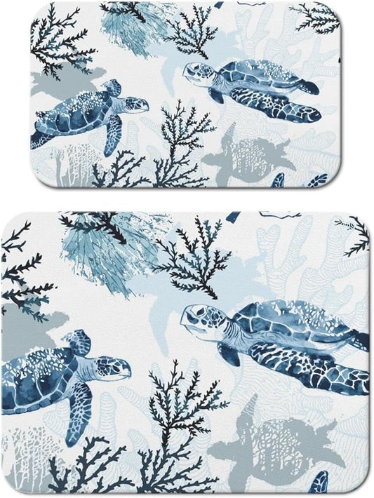 Dish Drying Mat 2-Pack in Sea Turtle Ocean for Kitchen Counter Dishes Mat | Diatom Mud Mats (18x24, 19.5x12"). Non-slip rubber back for kitchen counter, coffee bar & sink scenes