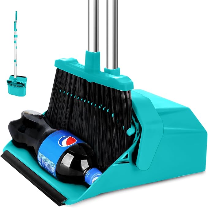 Broom and Dustpan Set for Home, 51" Long Handle Standing Dustpan Blue | Self-Cleaning Dust Pan and Brooms, ZeroGap Lip, Upright Storage Broom Combo for Kitchen Lobby Office Restaurant Indoor