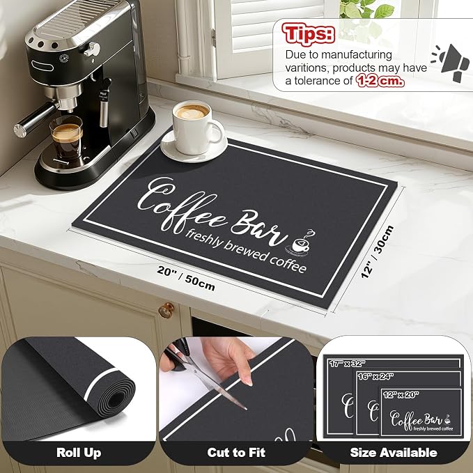 Findosom 12"x 20" Dish Drying Mat, Super Absorbent & Cuttable Coffee Mat, Hide Stain Bar Mat for Kitchen Counter, Coffee Bar Accessories, Black
