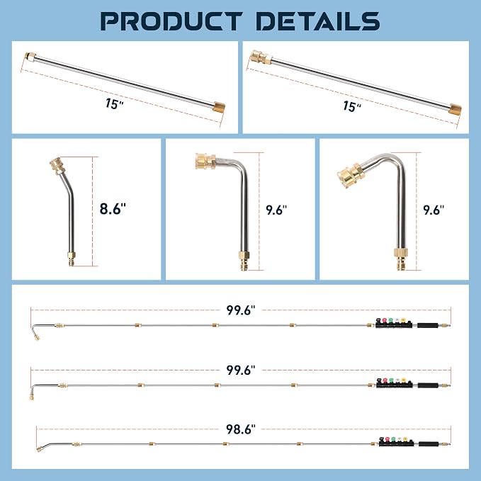SEPLY Pressure Washer Extension Wand Upgrade, 9 Pack Power Washer Lance with 6 Nozzle Tips, 30°,90°,120° Curved Rod, 1/4" Quick Connect, 4000 PSI
