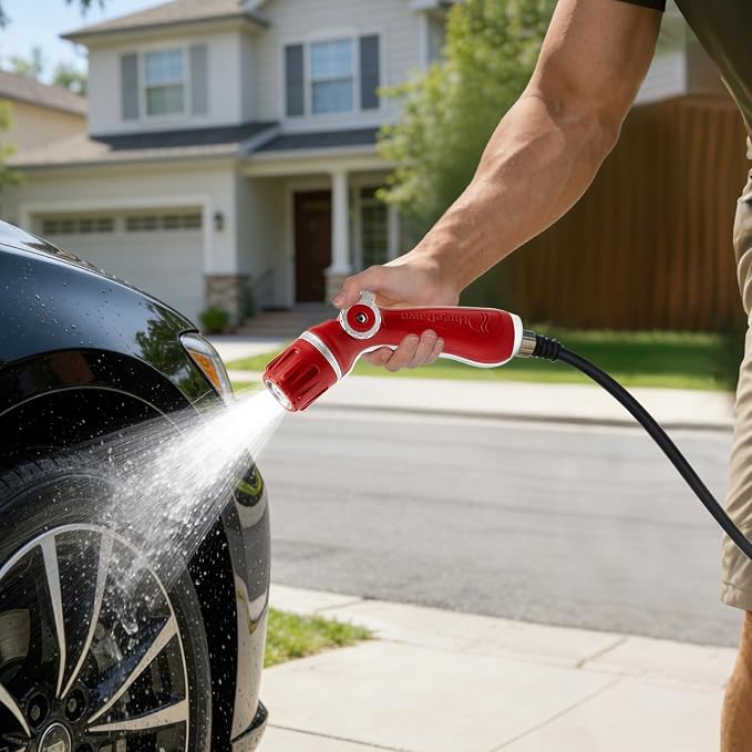 HugeDawn Garden Hose Nozzle, Heavy Duty High Pressure Metal Hose Spray Nozzle with 30% Greater Water High Flow, 3 Spray Patterns, Non-Slip Thumb Control for Quick Watering & Cleaning (Red)
