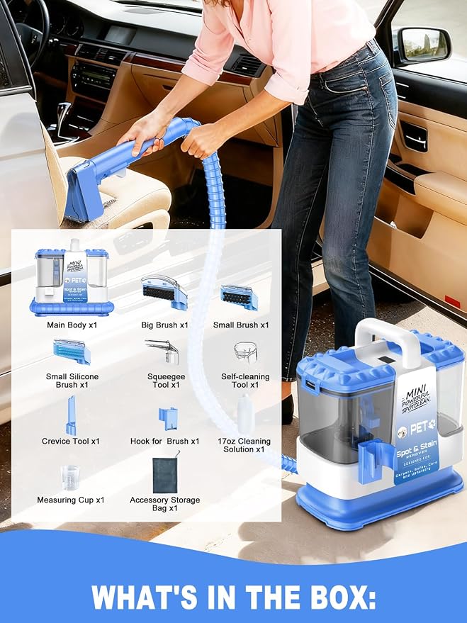 Portable Carpet & Upholstery Cleaner Machine for Pets, Spot, Stain, Couch Cleaner Machine with Powerful Suction and and Cleaning Solution, Car/Auto Detailer, Lightweight Compact Design, Blue
