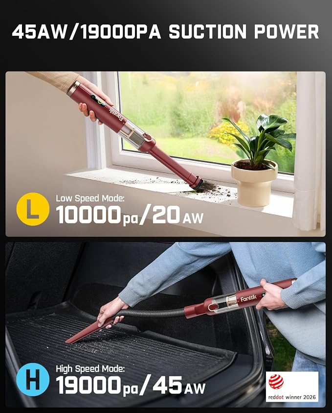 Fanttik Slim V10 APEX Cordless Car Vacuum, 4-in-1 Portable Mini Handheld Vac, 19kPa Suction Power, Upgraded Smart Digital Display, 2 Suction Modes for Small Jobs, Car, Office Desk, Keyboards (Red)