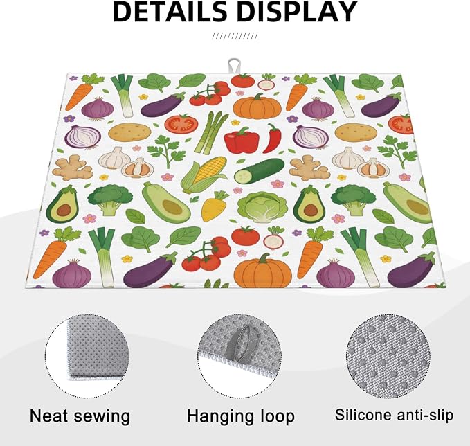 Vegetables Dish Drying Mat, for Farmhouse Kitchen Counter Microfiber Absorbent, Dish Draining Mat Extra Large 18"x24"