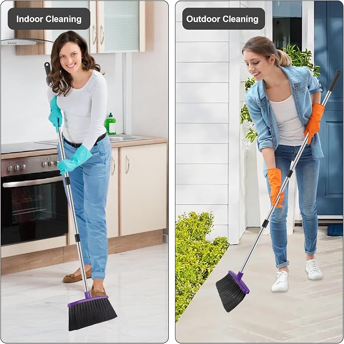 Broom and Dustpan Set, 51" Long Handle Broom with Dustpan Combo Set, Windproof and Self-Cleaning Teeth, Purple Household Dust Pan Set Sweep Kitchen Office Lobby Pet Room