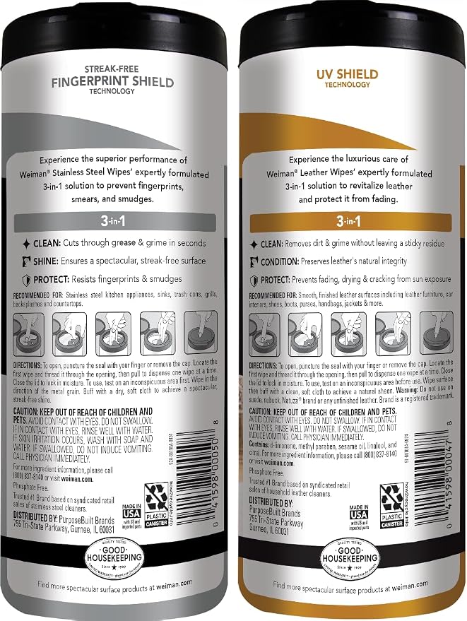 Weiman Stainless Steel Wipes and Leather Wipes - Clean and Polish Appliances for a Brighter and Longer Shine - Clean, Condition and Restore Leather Surfaces - Packaging May Vary