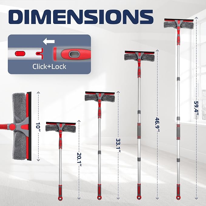 DSV Standard 2-in-1 Window Cleaning Squeegee Kit with 60’’ Extension Pole, Rotatable Bendable Head, Microfiber & Chenille Pads, Window Cleaner Tool for Indoor/Outdoor, High Windows, Shower and Car