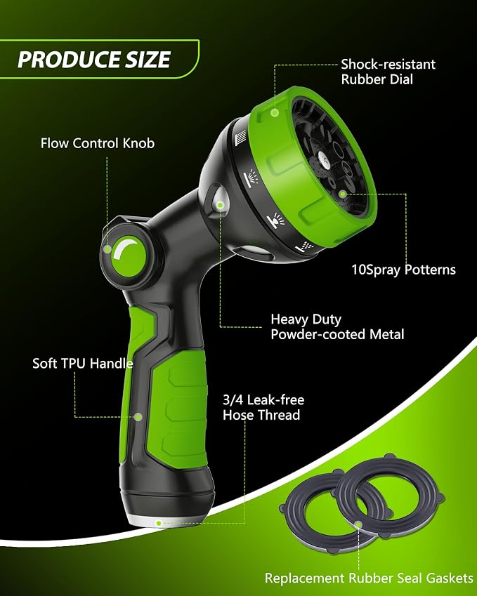 Hose Sprayer Nozzle Heavy Duty - 10 Spray Patterns Garden Hose Nozzle with Adjustable Flow Control for Watering Plants, Washing Cars,Washing Pets, Thumb Control (Green)