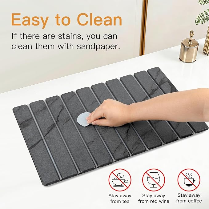 Stone Dish Drying Mat for Kitchen - Diatomaceous Earth Drying Mats | Grey Color, Quick Dry Counter Mats, Foldable Design, Super Absorbent, (24"×16"/ 8"x4" / 1 Drain Rack) , for Dishes Cups