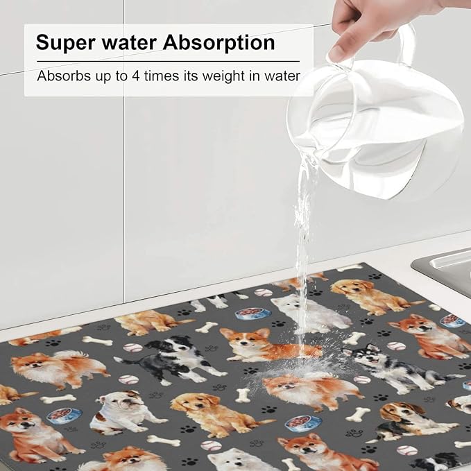 Cute Puppy Dog Dish Drying Mat for Kitchen Counter Cute Kitchen Dish Mat Microfiber Kitchen Countertop Absorbent Reversible Drainer Rack Pad