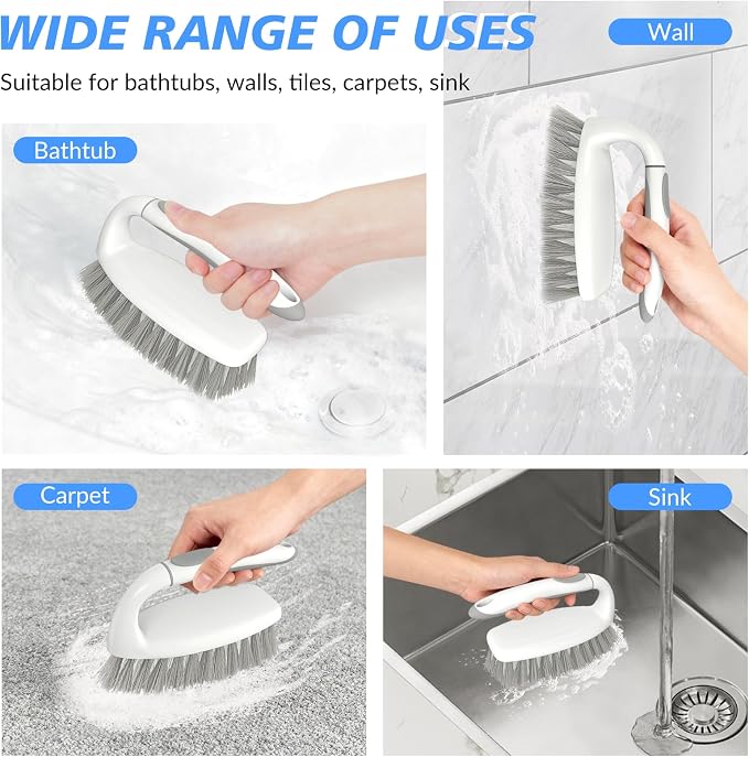 SetSail Heavy Duty Scrub Brush, 2 Pack Cleaning Brush Set, Grey White | Stiff Durable Bristles with Non-Slip Tpr Grip and Hanging Loop for Bathroom, Kitchen, Shower, Tub, Tile, Carpet.