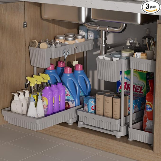 Sevenblue 3 Pack Multi-Purpose Pull-Out Storage Organizers, 2-Tier L-Shaped Under Sink/Cabinet Organizers and Storage for Bathroom & Kitchen,Grey,12.85 Inch