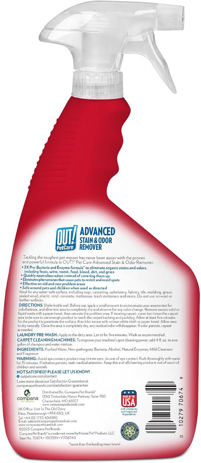 OUT! PetCare Pet Odor & Stain Remover Spray, Carpet & Floor Cleaner, Deodorizer for Dogs & Cats, Made in USA, 32 fl oz (6 Pack)