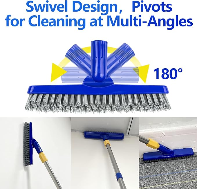 2 Pack Grout Brush with Long Handle, 56.5'' Swivel Grout Cleaning Brush,V-Shape Grout Scrub Brush, Extendable Handle Grout Cleaner Brush for Tile Floors，Bathroom,Baseboard,Shower,Corner