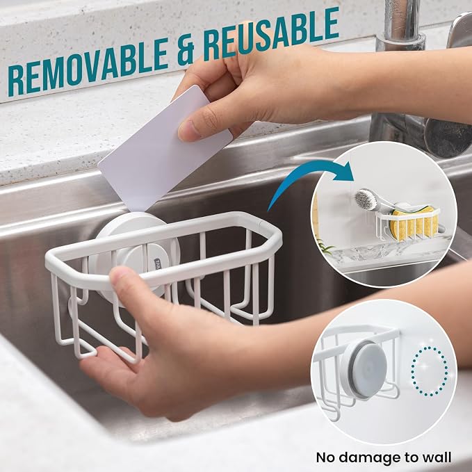 TAILI Sponge Holder for Kitchen Sink with Strong Suction Cup Removable, Rustproof Aluminum Sink Caddy for Sponge, Brush, Scrubber, Scraper -White