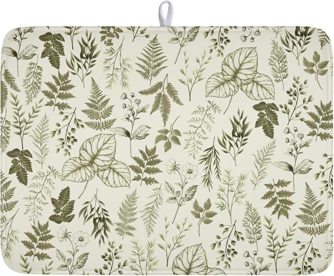 Vintage Botanical Floral Dish Drying Mat for Kitchen Counter Sage Green Herbs Fern Leaves Plant Microfiber Dish Drainer Mat Absorbent Washable Drying Pad Extra Large 18"x24"