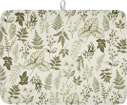 Vintage Botanical Floral Dish Drying Mat for Kitchen Counter Sage Green Herbs Fern Leaves Plant Microfiber Dish Drainer Mat Absorbent Washable Drying Pad Extra Large 18"x24"