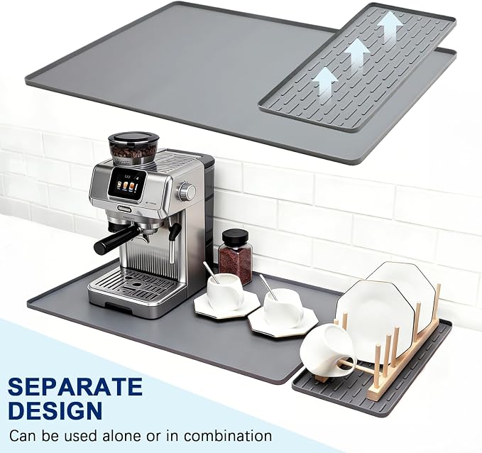 Silicone Coffee Mat 24" x 16", Heat Resistant Non Slip Leak Proof with Concave Convex Design & Detachable Drying Layer, Coffee Bar Mat for Espresso Machine, Coffee Maker Countertops (Gray)