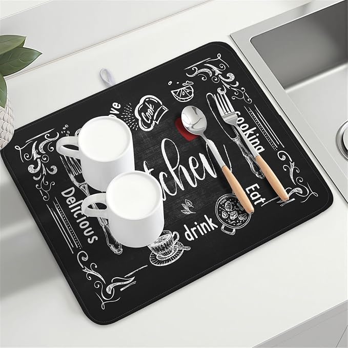 Kawani Black Coffee Bar Dish Drying Mats for Kitchen Counter 18x24 Inch, Kitchen Drying Mat, Kitchen Coffee Bar Dishes Pad Dish Drainer Rack Mats Absorbent Fast Dry Kitchen Accessories Square