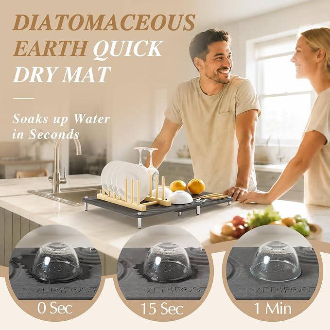 VERIFOST Nested Dish Drying Mat with Bamboo Rack for Dishes, 2Pcs Diatomaceous Earth Stone, Fast Stone Drying Mat for Kitchen Counter with Non-slip Feet, Midnight Gray