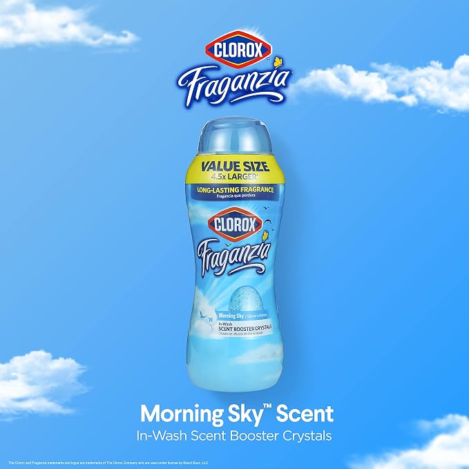 Clorox Fraganzia Laundry Scent Booster Crystals, In-Wash Fragrance Beads for Fresh-Smelling Clothes & Linens, Safe for All Fabrics & Colors, Easy-Pour Bottle, Morning Sky Scent, 70 Oz