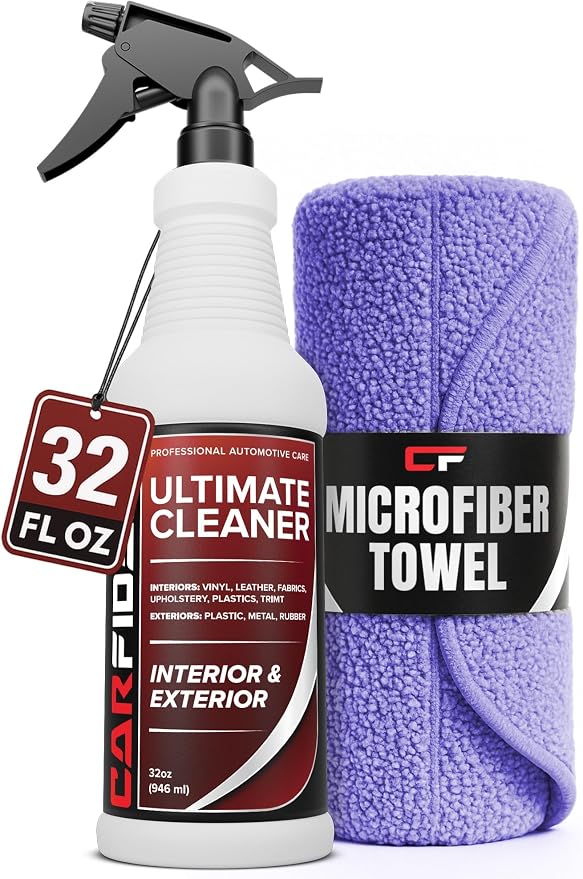 Carfidant Car Interior Cleaner – Stain Remover & Odor Eliminator – No Residue Finish – Safe on Leather, Fabric, Carpet & Plastic – Detailing Spray with Microfiber Towel – 32oz