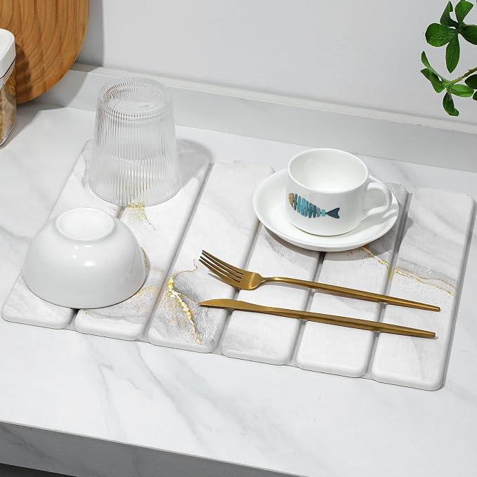 Small Stone Dish Drying Mat for Kitchen Counter, 15.7"×12" & 8"x4" Quick Dry Stone Mats, Foldable Water Absorbing Diatomaceous Earth Drying Dish Pad for Countertop Bottles Utensils Cup(Gold White)