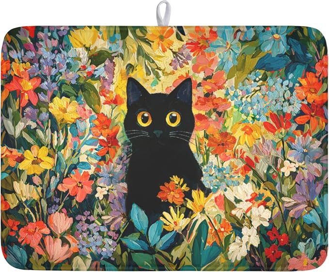 Spring Summer Floral Cat Dish Drying Mat for Kitchen Counter Abstract Oil Painting Wildflower Microfiber Dish Drainer Mat Rustic Absorbent Washable Drying Pad Extra Large 18"x24"