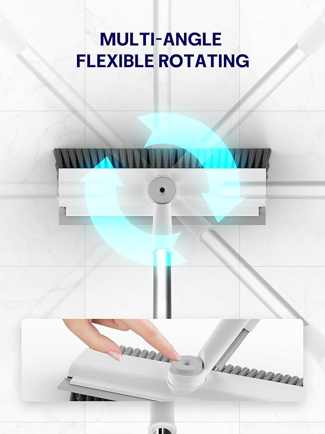 3 in 1 Floor Scrub Brush with Long Handle, Multi-Angle Swivel Head | Stiff Dual-side Bristle, Floor Scrubber with Squeegee & Tweezer for Tile Wall Deck Bathtub Patio Garage Pool Kitchen (White)