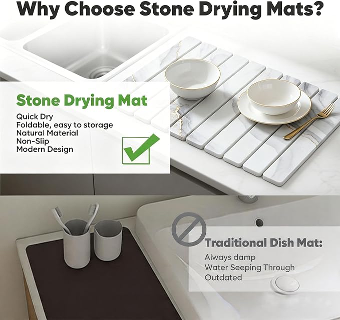 Stone Drying Mat for Kitchen Counter, Quick Diatomaceous Earth Mats for Dishes, 24"L x 16" W Super Absorbent Fast-Drying Collapsible Countertop Stone Mat (Marble White-04, 24" x 16")