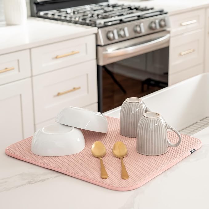 S&T INC. Dish Drying Mat, 16" x 18", Large, Diamond Texture, Rose Pink | Absorbent Microfiber, Kitchen Counter Mat for Dishes, Utensils, Pots and Pans, Machine Washable