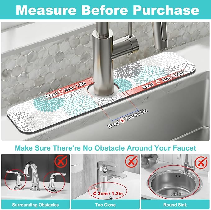 Findosom 2PCS 17" x 32" Dish Drying Mat & 24" x 5.5" Sink Splash Guard, Super Absorbent & Cuttable Dish Mat Drying Kitchen Mat with Teal Floral, Hide Stain Drying Mat for Kitchen Counter