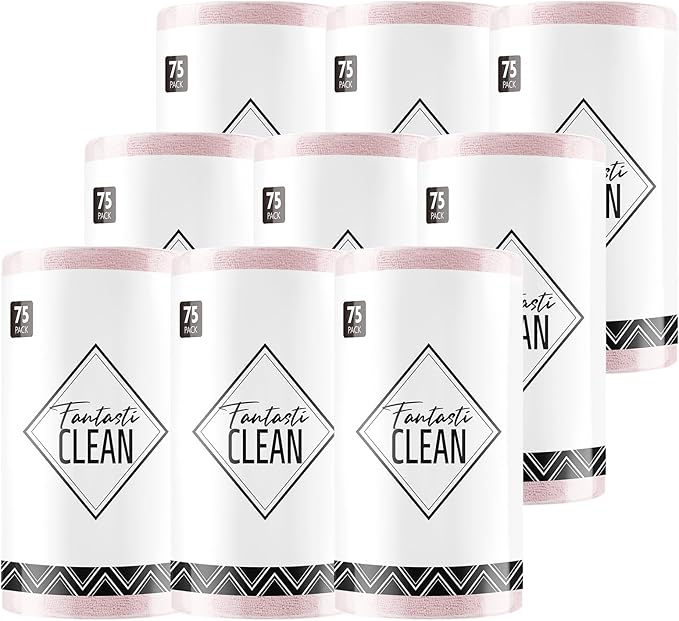 Fantasticlean Microfiber Cleaning Cloth Rolls- 675 Sheets (9 Rolls of Pink) | 12'' by 12'', Super Absorbent, Lint-free, Tear-away Microfiber Towel Roll, for All-Purpose Cleaning