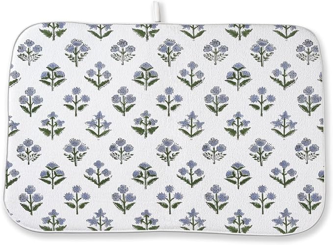 Vintage Blue Sage Green Floral Dish Drying Mat 18 x 24 Inch Block Print Floral Drying Mat for Kitchen Counter Absorbent Boho Flowers Dishes Dry Pad for Drainer Rack Kitchen Fast Dry