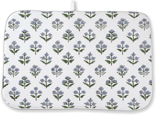 Vintage Blue Sage Green Floral Dish Drying Mat 18 x 24 Inch Block Print Floral Drying Mat for Kitchen Counter Absorbent Boho Flowers Dishes Dry Pad for Drainer Rack Kitchen Fast Dry
