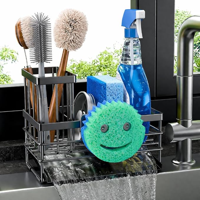 Cisily Sink Caddy Sponge Holder for Kitchen with Brush Holder and Stainless Steel Self Drain Tray, Rustproof Kitchen Sink Organizer for Sponge, Soap Dispenser Storage Accessories
