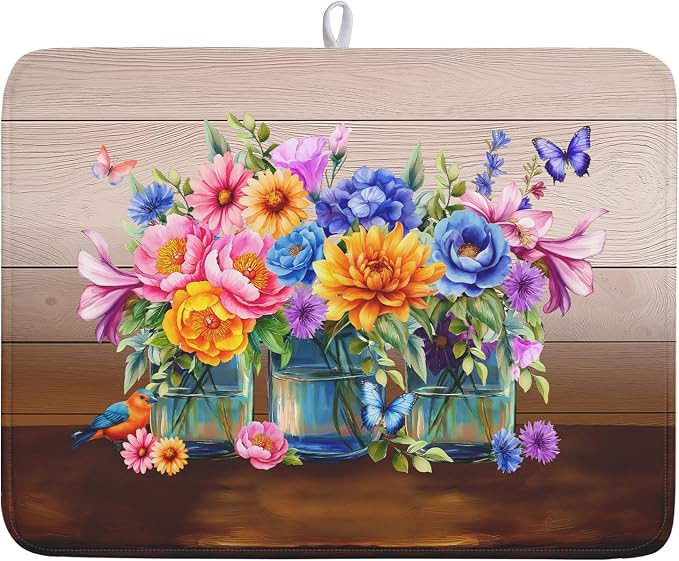 Summer Flowers Dish Drying Mat for Kitchen Counter 18x24in Vintage Colorful Floral Kitchen Drying Mat Soft Absorbent Microfiber Farmhouse Flowers Dish Drainer Rack Mats for Kitchen Countertops