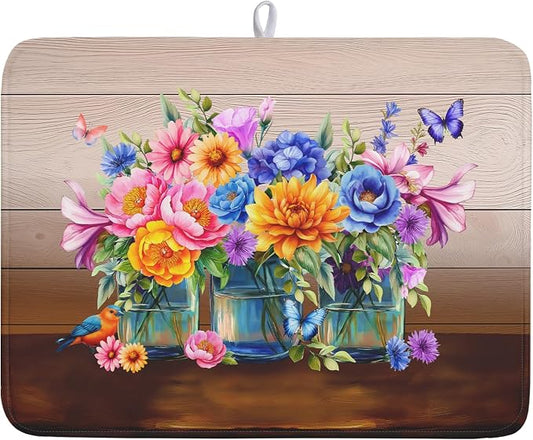 Summer Flowers Dish Drying Mat for Kitchen Counter 18x24in Vintage Colorful Floral Kitchen Drying Mat Soft Absorbent Microfiber Farmhouse Flowers Dish Drainer Rack Mats for Kitchen Countertops