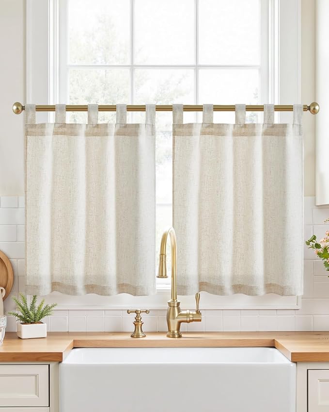 jinchan Linen Tier Curtains, Tab Top, 26x30, 2 Panels, Natural | Light filtering, linen blend, farmhouse style, rustic decor, cafe curtain, kitchen, bathroom, laundry room, RV, small windows