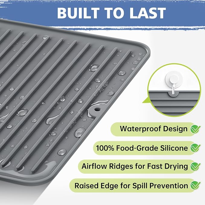 Songrey 24" x 18" Silicone Dish Drying Mat, Kitchen Counter Drying Pad for Sink Dishes or Under Rack, Multi-Use as Heat Resistant Trivet, Coffee Bar Mat