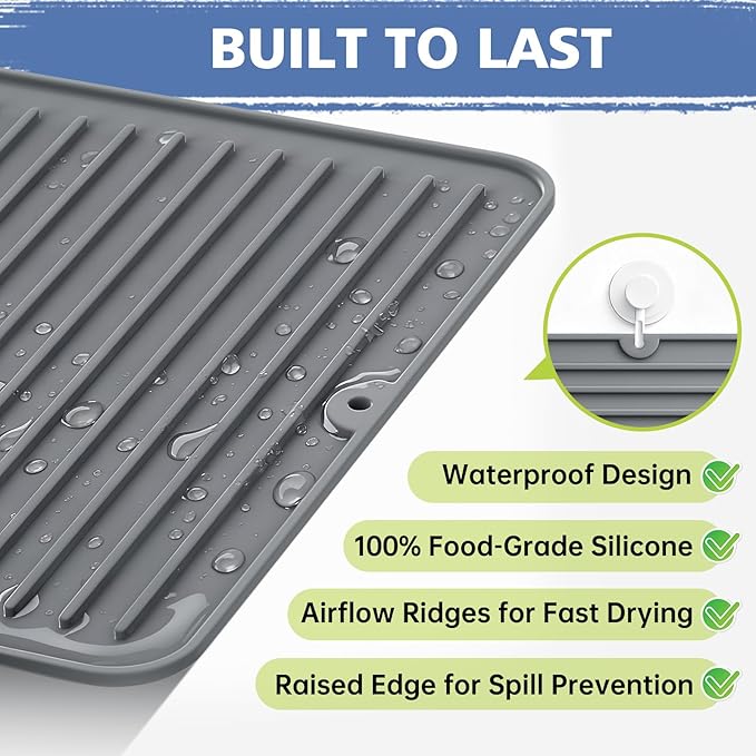 Songrey 16" x 12" Silicone Dish Drying Mat, Kitchen Counter Drying Pad for Sink Dishes or Under Rack, Multi-Use as Heat Resistant Trivet, Coffee Bar Mat