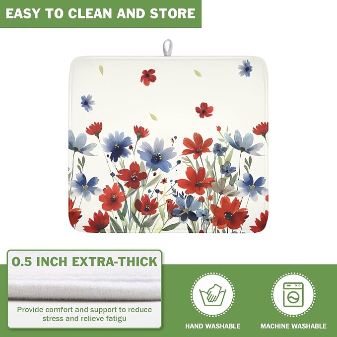 4th of July Floral Dish Drying Mat for Kitchen Counter 16 x 18 Inch Patriotic Dish Drainer Mat Absorbent Microfiber Independece Day Dish Rack Pad for Coffee Dining Bar Decor